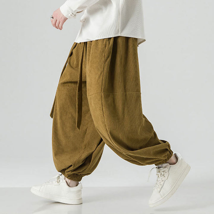 Pantaloni da uomo in velluto a coste di puro cotone con tasche, modello Harem, tinta unita, invernali, Buddha Stones - image 20