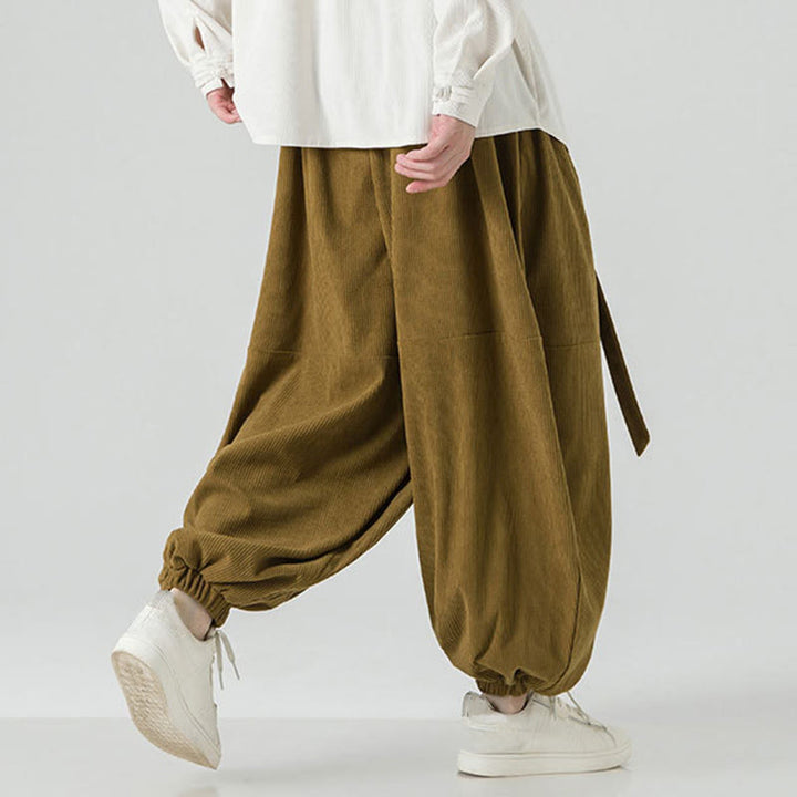 Pantaloni da uomo in velluto a coste di puro cotone con tasche, modello Harem, tinta unita, invernali, Buddha Stones - image 21