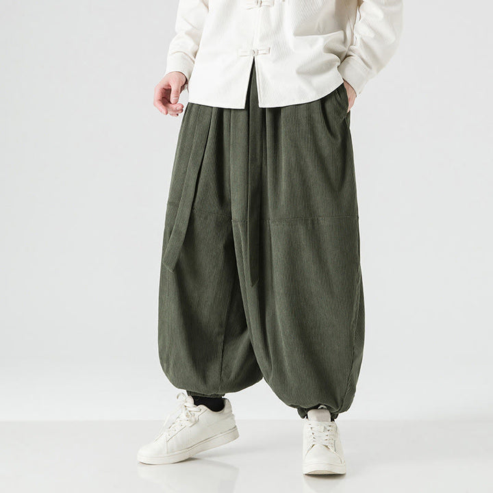 Pantaloni da uomo in velluto a coste di puro cotone con tasche, modello Harem, tinta unita, invernali, Buddha Stones - image 2