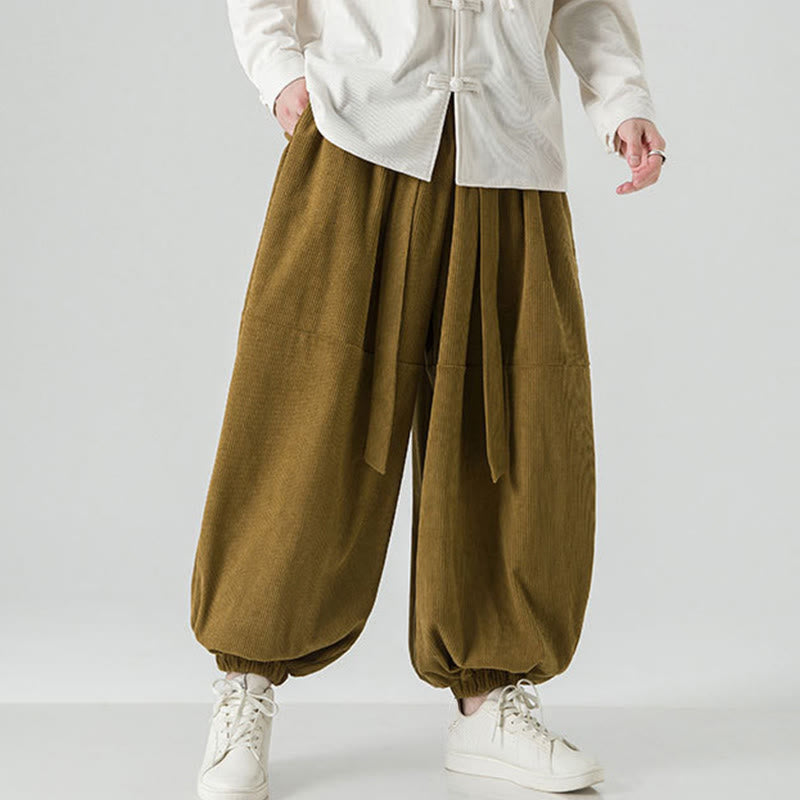Pantaloni da uomo in velluto a coste di puro cotone con tasche, modello Harem, tinta unita, invernali, Buddha Stones - image 23