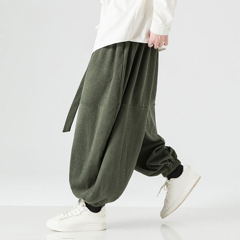 Pantaloni da uomo in velluto a coste di puro cotone con tasche, modello Harem, tinta unita, invernali, Buddha Stones - image 5