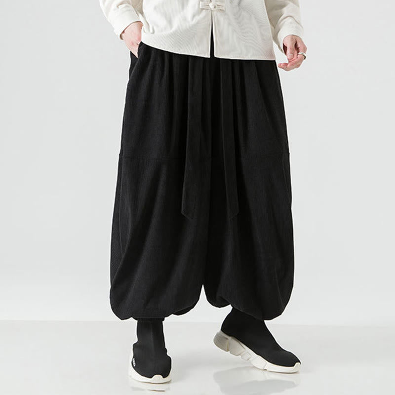 Pantaloni da uomo in velluto a coste di puro cotone con tasche, modello Harem, tinta unita, invernali, Buddha Stones - image 14