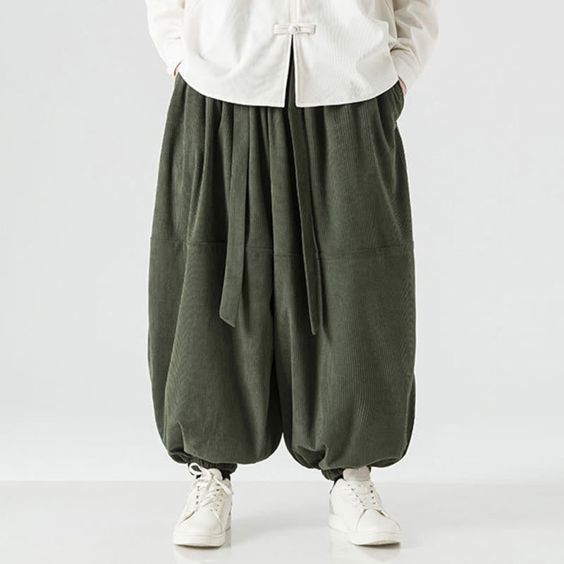 Pantaloni da uomo in velluto a coste di puro cotone con tasche, modello Harem, tinta unita, invernali, Buddha Stones - image 1