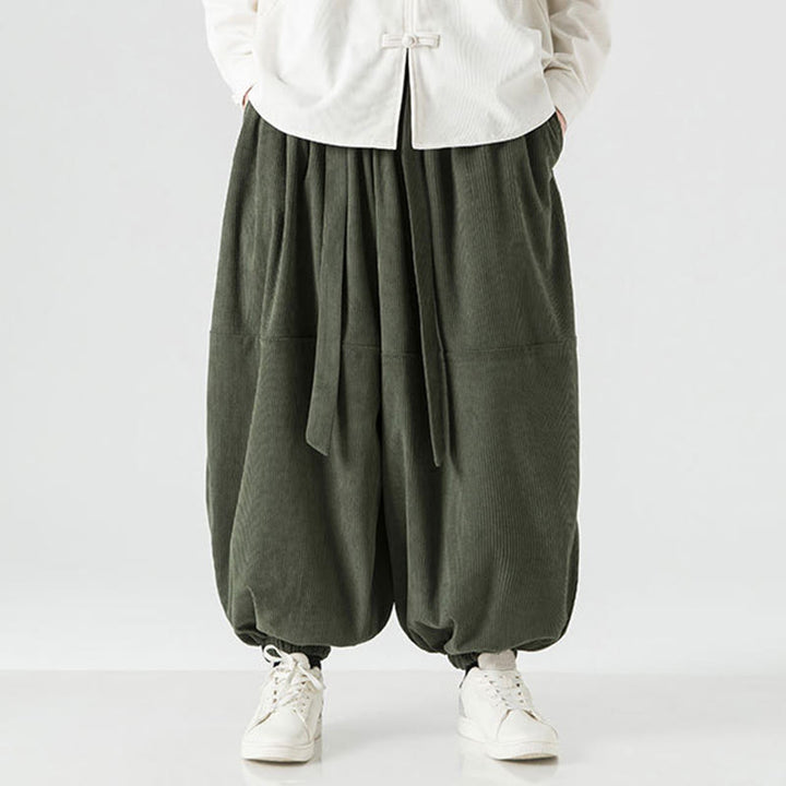 Pantaloni da uomo in velluto a coste di puro cotone con tasche, modello Harem, tinta unita, invernali, Buddha Stones - image 1