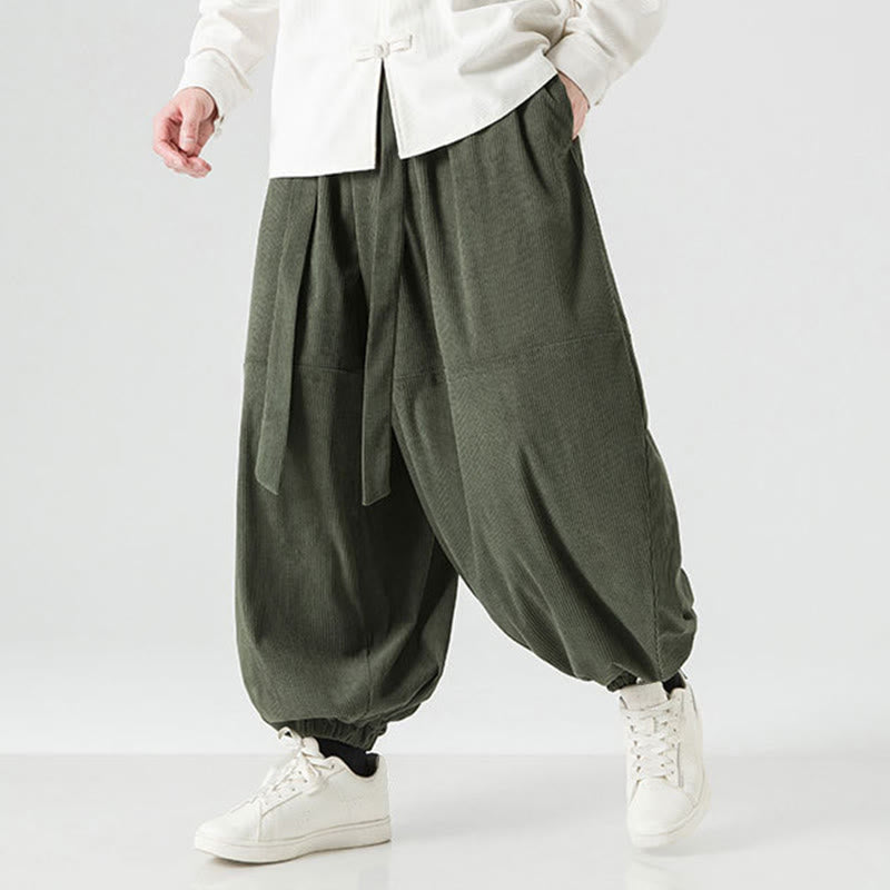 Pantaloni da uomo in velluto a coste di puro cotone con tasche, modello Harem, tinta unita, invernali, Buddha Stones - image 3