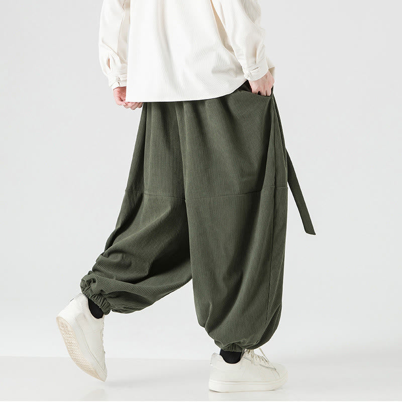 Pantaloni da uomo in velluto a coste di puro cotone con tasche, modello Harem, tinta unita, invernali, Buddha Stones - image 7