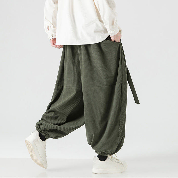 Pantaloni da uomo in velluto a coste di puro cotone con tasche, modello Harem, tinta unita, invernali, Buddha Stones - image 7