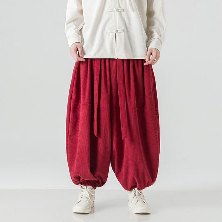 Pantaloni da uomo in velluto a coste di puro cotone con tasche, modello Harem, tinta unita, invernali, Buddha Stones - image 30