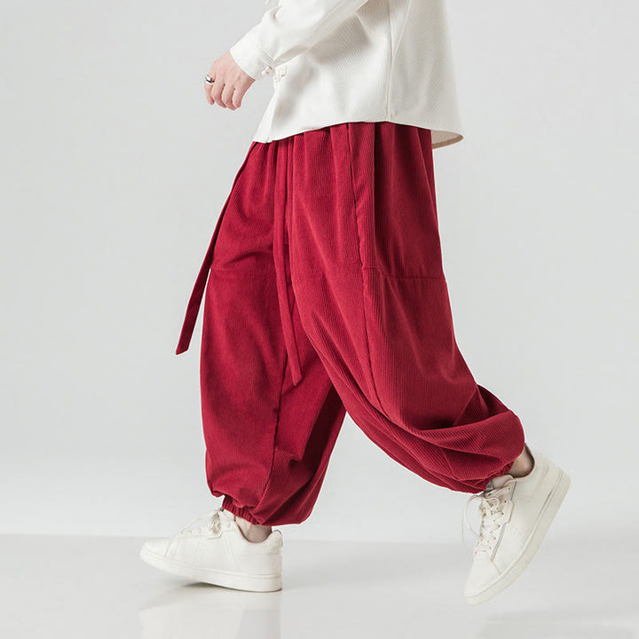 Pantaloni da uomo in velluto a coste di puro cotone con tasche, modello Harem, tinta unita, invernali, Buddha Stones - image 27