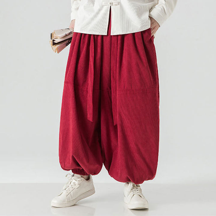 Pantaloni da uomo in velluto a coste di puro cotone con tasche, modello Harem, tinta unita, invernali, Buddha Stones - image 26