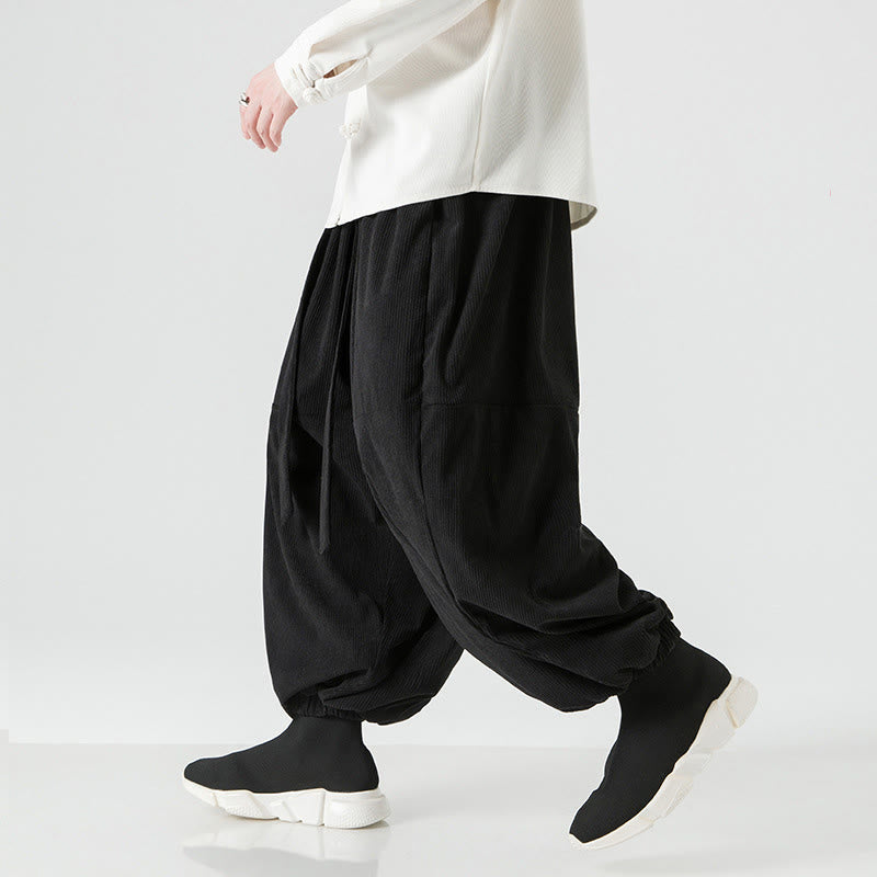 Pantaloni da uomo in velluto a coste di puro cotone con tasche, modello Harem, tinta unita, invernali, Buddha Stones - image 15