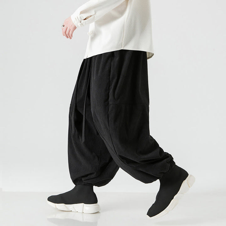 Pantaloni da uomo in velluto a coste di puro cotone con tasche, modello Harem, tinta unita, invernali, Buddha Stones - image 15