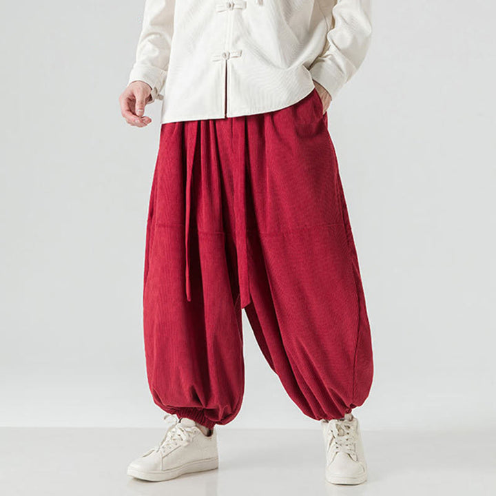 Pantaloni da uomo in velluto a coste di puro cotone con tasche, modello Harem, tinta unita, invernali, Buddha Stones - image 29