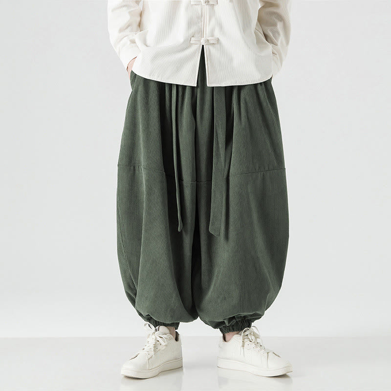 Pantaloni da uomo in velluto a coste di puro cotone con tasche, modello Harem, tinta unita, invernali, Buddha Stones - image 4