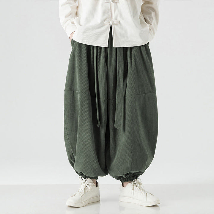 Pantaloni da uomo in velluto a coste di puro cotone con tasche, modello Harem, tinta unita, invernali, Buddha Stones - image 4
