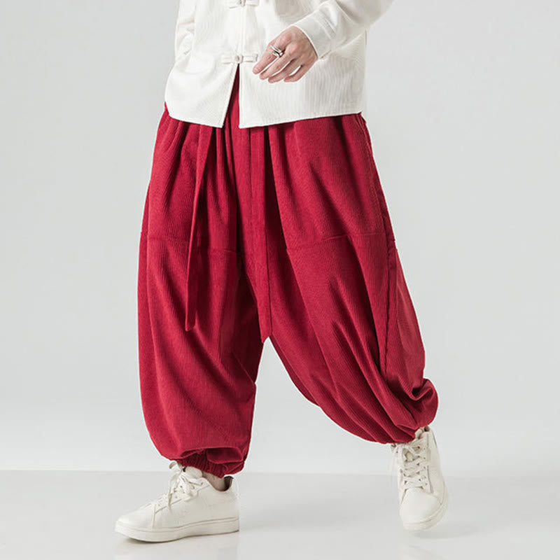 Pantaloni da uomo in velluto a coste di puro cotone con tasche, modello Harem, tinta unita, invernali, Buddha Stones - image 28