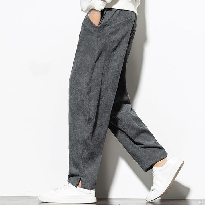 Pantaloni affusolati in velluto a coste di cotone da uomo Buddha Stones Fall Pure Color con tasche - image 1