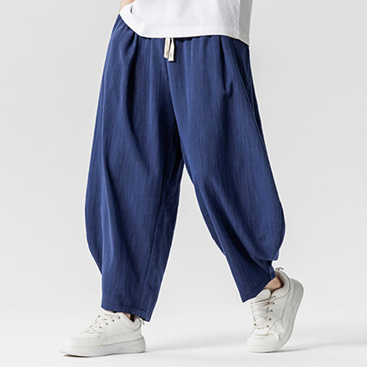 Pantaloni da uomo in cotone alla caviglia con coulisse e tasche, modello Buddha Stones Summer Pure Color - image 3