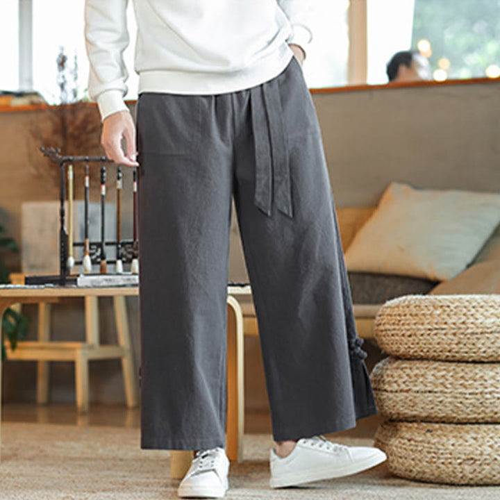 Pantaloni larghi da uomo in cotone con tasche, coulisse, bottoni cinesi e rana, modello Buddha Stones Fall - image 2