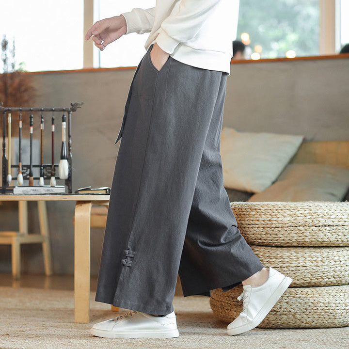 Pantaloni larghi da uomo in cotone con tasche, coulisse, bottoni cinesi e rana, modello Buddha Stones Fall - image 3