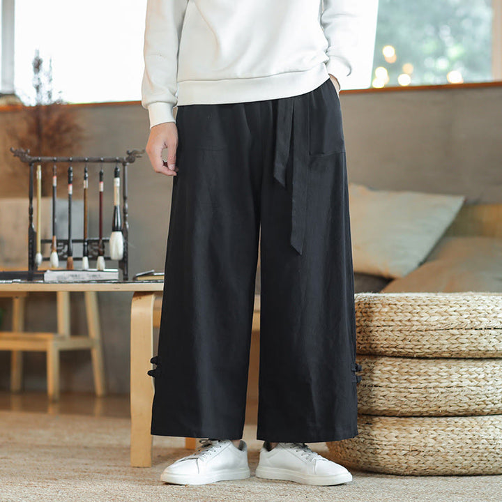 Pantaloni larghi da uomo in cotone con tasche, coulisse, bottoni cinesi e rana, modello Buddha Stones Fall - Nero - US/UK/AU46, EU56 (5XL) - image 13
