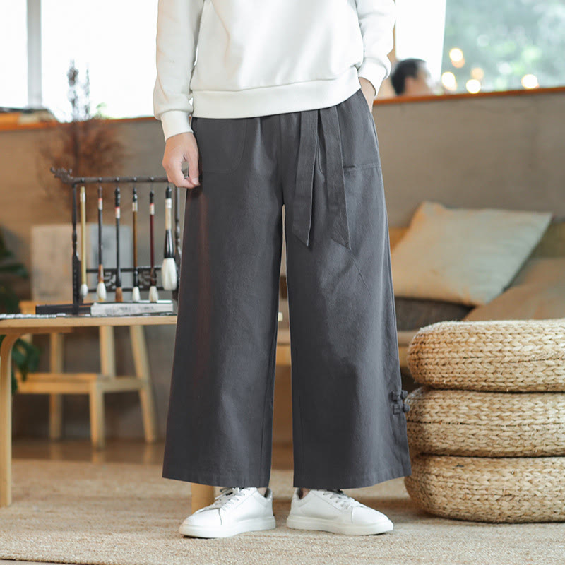 Pantaloni larghi da uomo in cotone con tasche, coulisse, bottoni cinesi e rana, modello Buddha Stones Fall - image 1