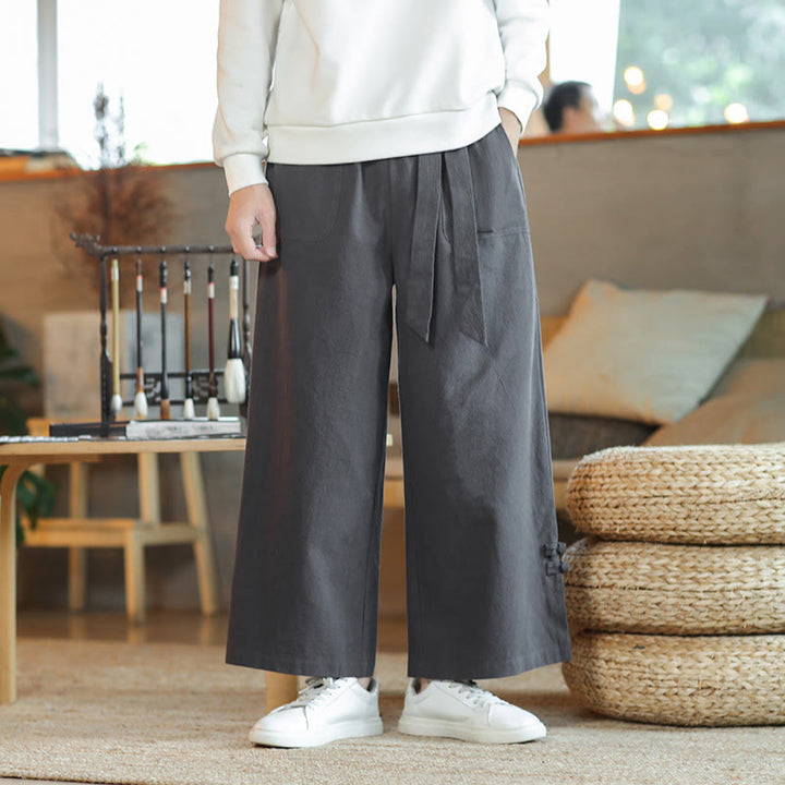 Pantaloni larghi da uomo in cotone con tasche, coulisse, bottoni cinesi e rana, modello Buddha Stones Fall - image 1