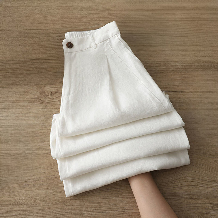 Pantaloni larghi da donna in cotone tinta unita con bottoni e tasche, modello Buddha Stones - image 6