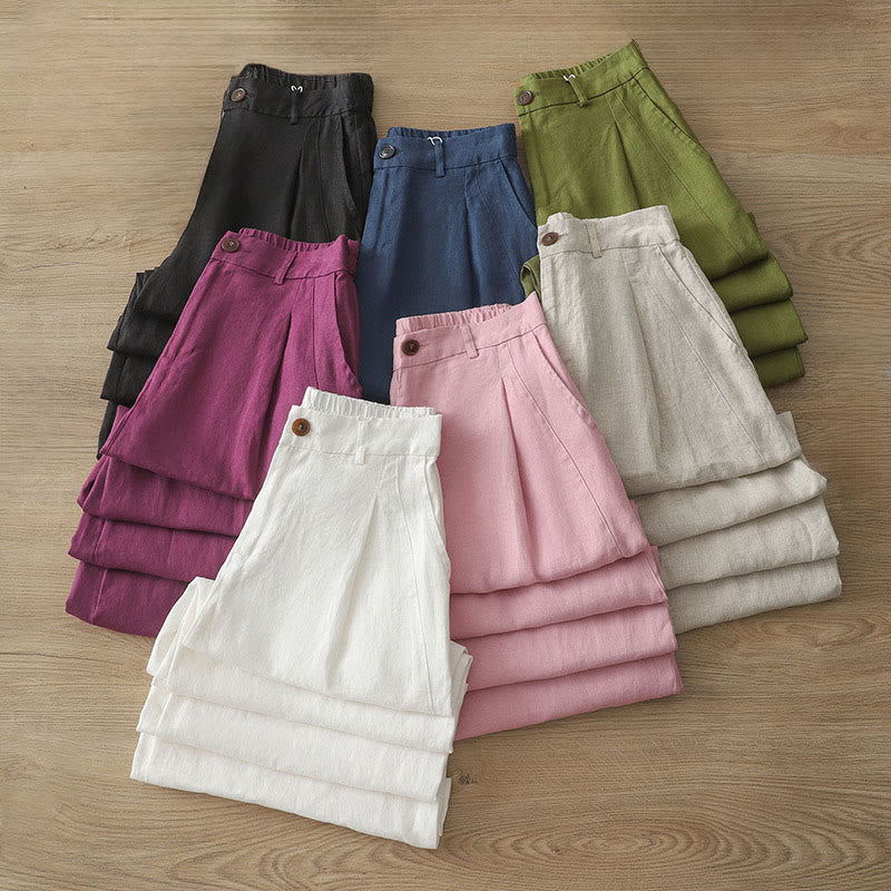 Pantaloni larghi da donna in cotone tinta unita con bottoni e tasche, modello Buddha Stones - image 38