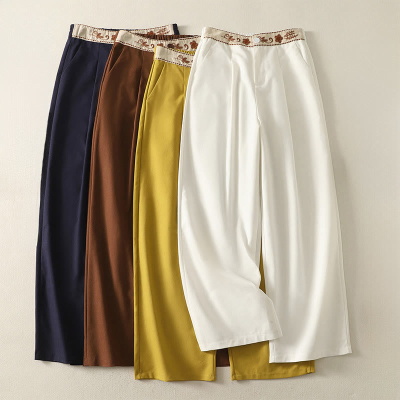 Pantaloni larghi da donna in poliestere con tasche e motivo ricamato con Buddha Stones - image 0