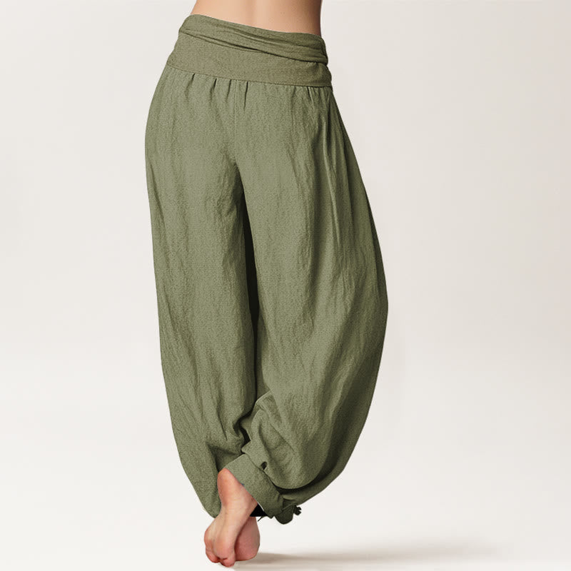 Pantaloni harem in puro cotone con elastico in vita, color oliva, da donna, modello Buddha Stones - image 1