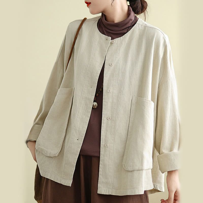 Giacca da donna in cotone con scollo rotondo e maniche lunghe Buddha Stones con tasche - image 4