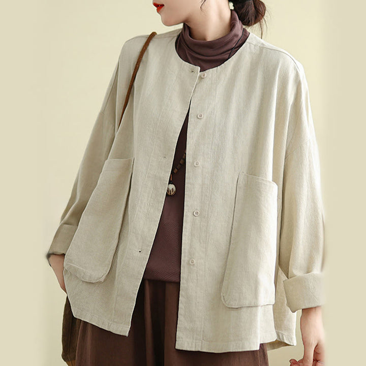 Giacca da donna in cotone con scollo rotondo e maniche lunghe Buddha Stones con tasche - image 4