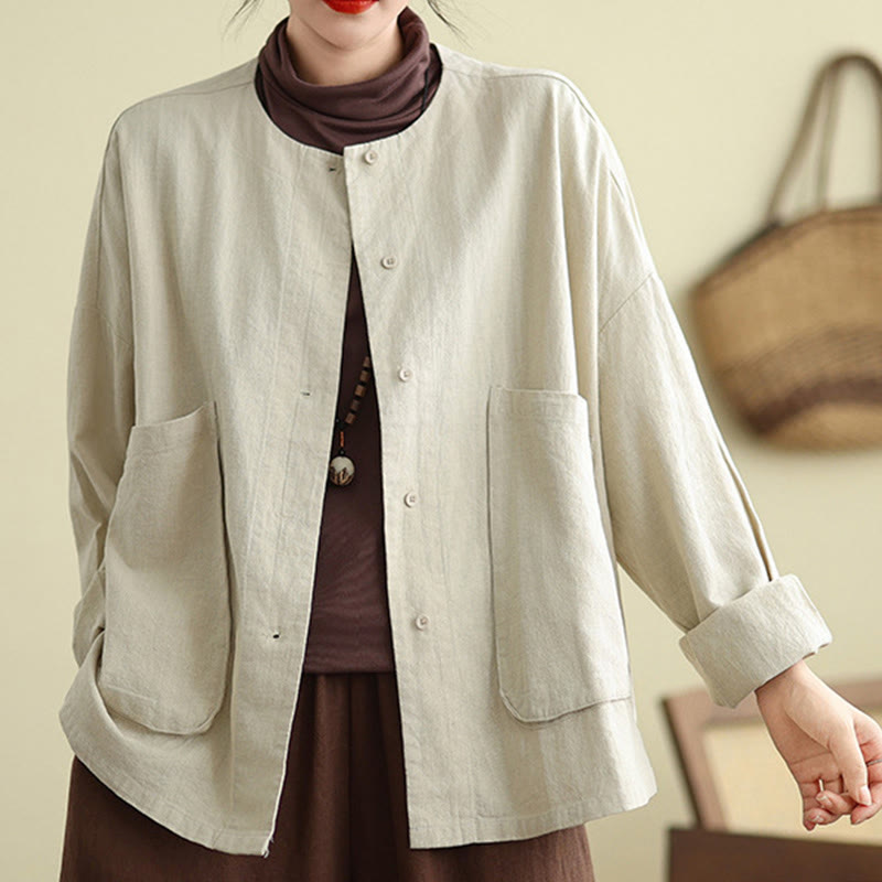 Giacca da donna in cotone con scollo rotondo e maniche lunghe Buddha Stones con tasche - Beige - US14, UK/AU18, EU46 (2XL) - image 0