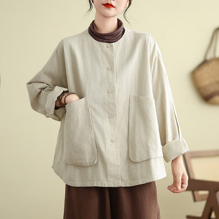 Giacca da donna in cotone con scollo rotondo e maniche lunghe Buddha Stones con tasche - image 1