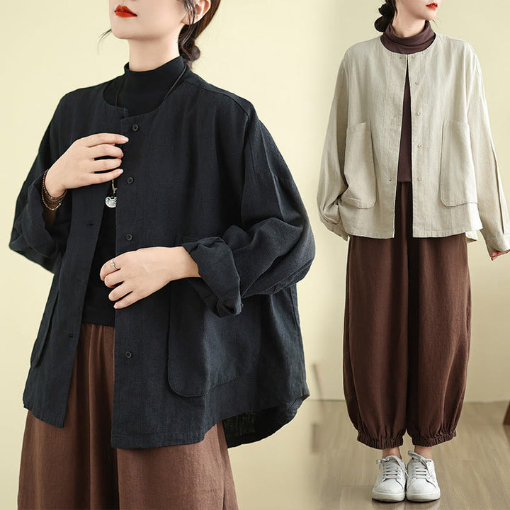 Giacca da donna in cotone con scollo rotondo e maniche lunghe Buddha Stones con tasche - image 15