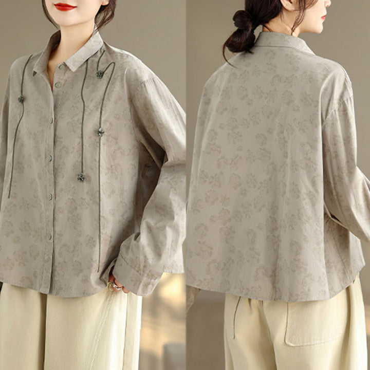 Camicia casual da donna in poliestere a maniche lunghe con fiori ricamati Buddha Stones - image 3