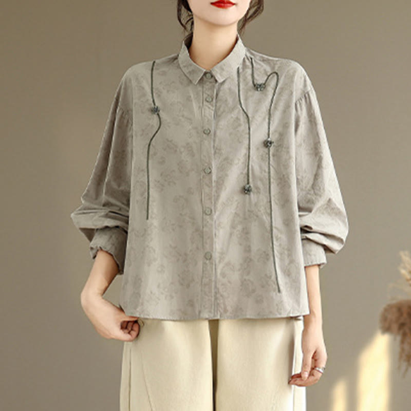 Camicia casual da donna in poliestere a maniche lunghe con fiori ricamati Buddha Stones - image 1