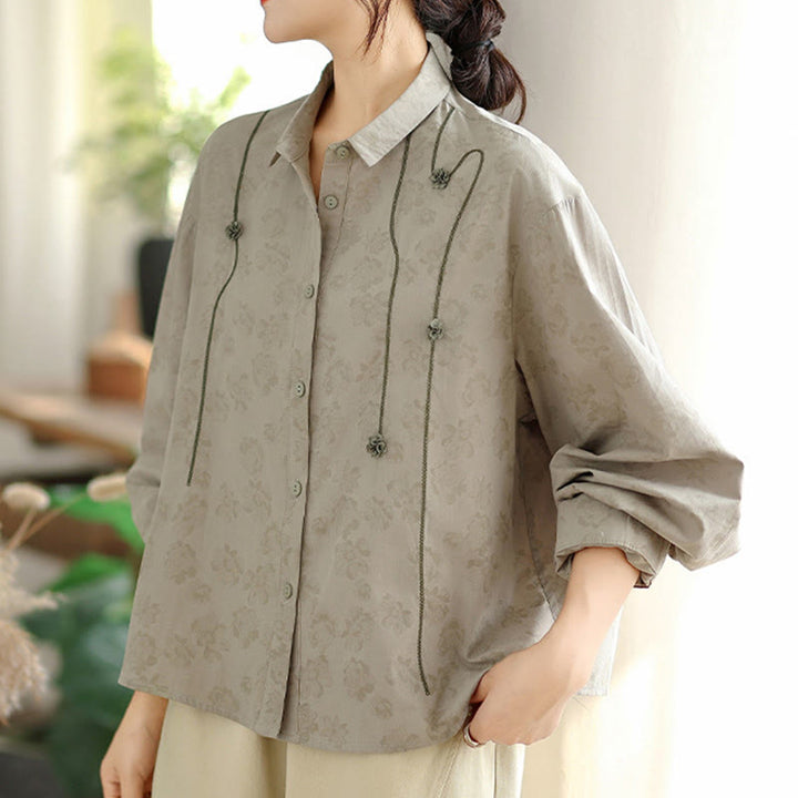 Camicia casual da donna in poliestere a maniche lunghe con fiori ricamati Buddha Stones - image 2