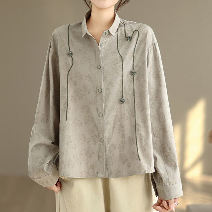 Camicia casual da donna in poliestere a maniche lunghe con fiori ricamati Buddha Stones - image 4