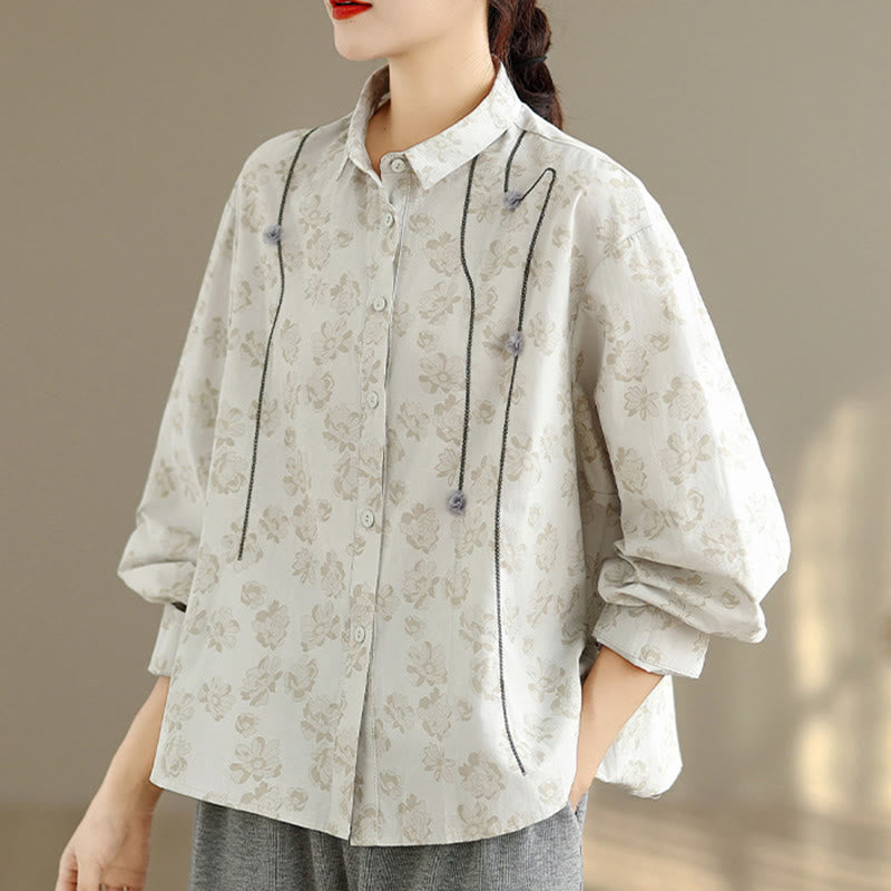 Camicia casual da donna in poliestere a maniche lunghe con fiori ricamati Buddha Stones - image 11