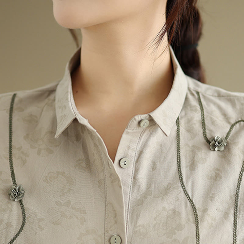 Camicia casual da donna in poliestere a maniche lunghe con fiori ricamati Buddha Stones - image 12