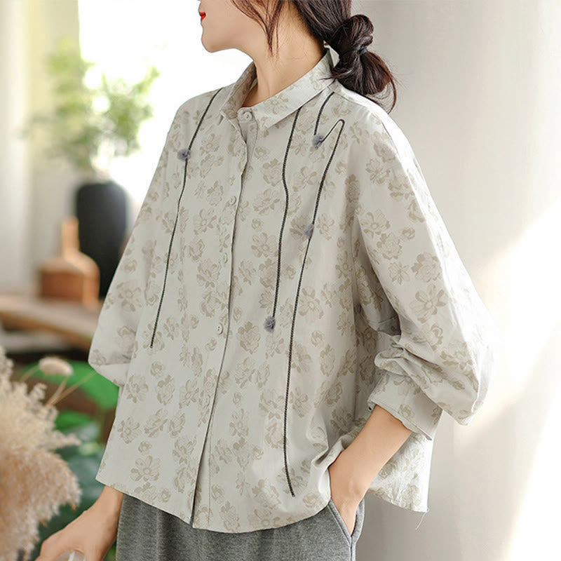 Camicia casual da donna in poliestere a maniche lunghe con fiori ricamati Buddha Stones - image 9