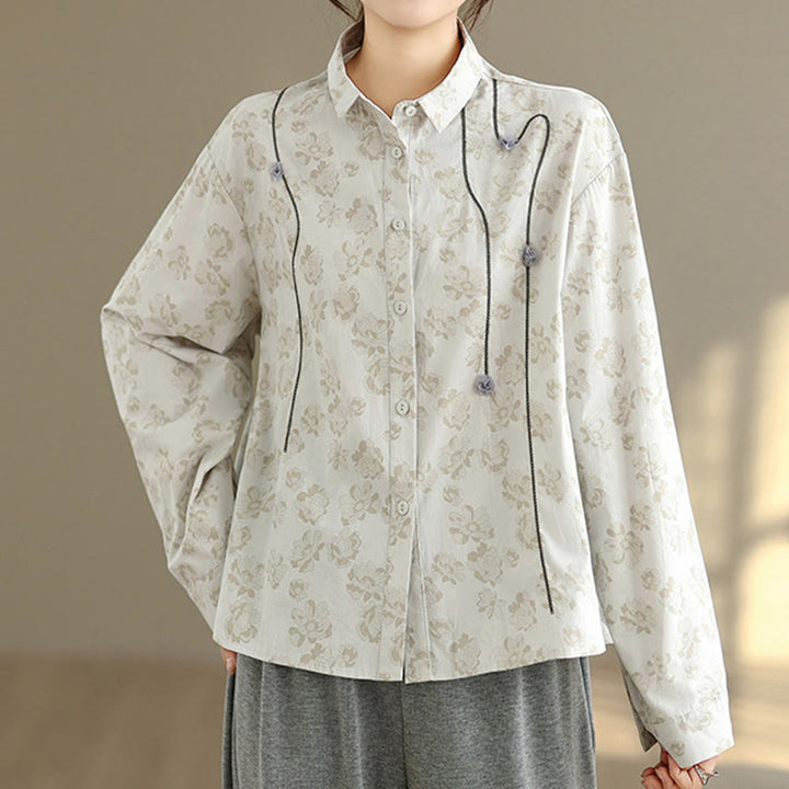 Camicia casual da donna in poliestere a maniche lunghe con fiori ricamati Buddha Stones - image 13