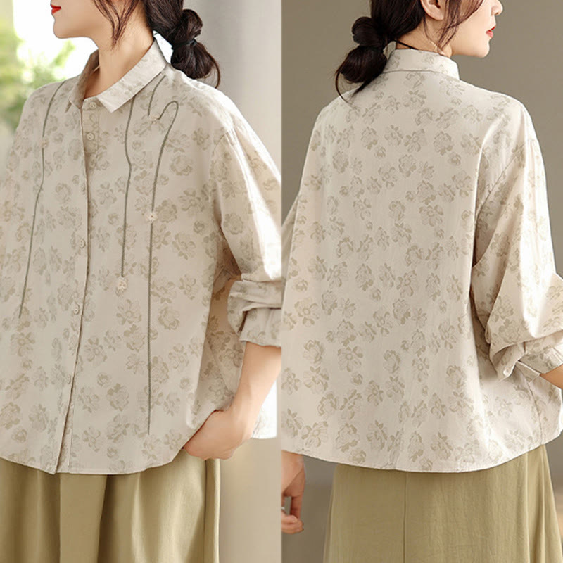 Camicia casual da donna in poliestere a maniche lunghe con fiori ricamati Buddha Stones - image 18