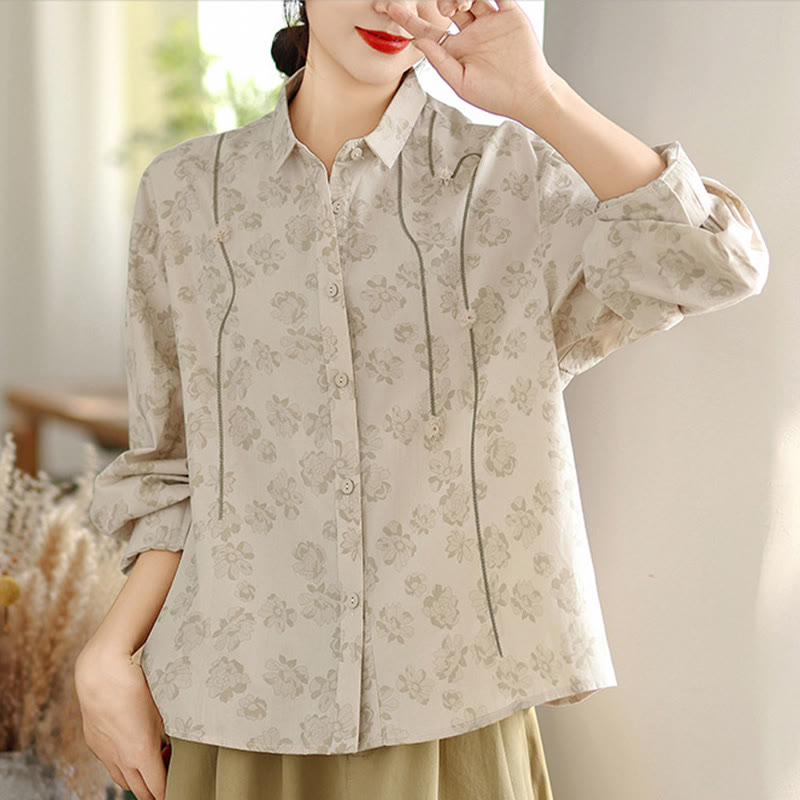 Camicia casual da donna in poliestere a maniche lunghe con fiori ricamati Buddha Stones - image 15
