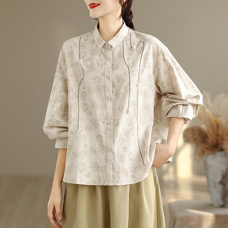 Camicia casual da donna in poliestere a maniche lunghe con fiori ricamati Buddha Stones - image 16