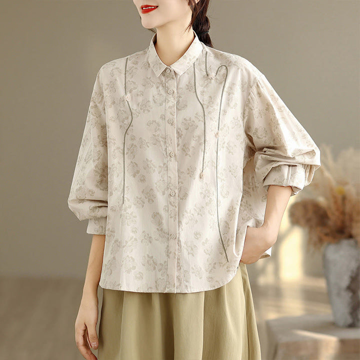 Camicia casual da donna in poliestere a maniche lunghe con fiori ricamati Buddha Stones - image 16