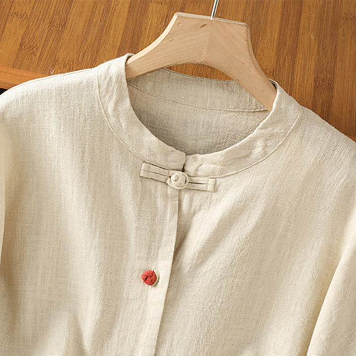 Camicia casual da donna in cotone e poliestere con maniche lunghe e bottoni a rana, Buddha Stones, con tasche - image 3