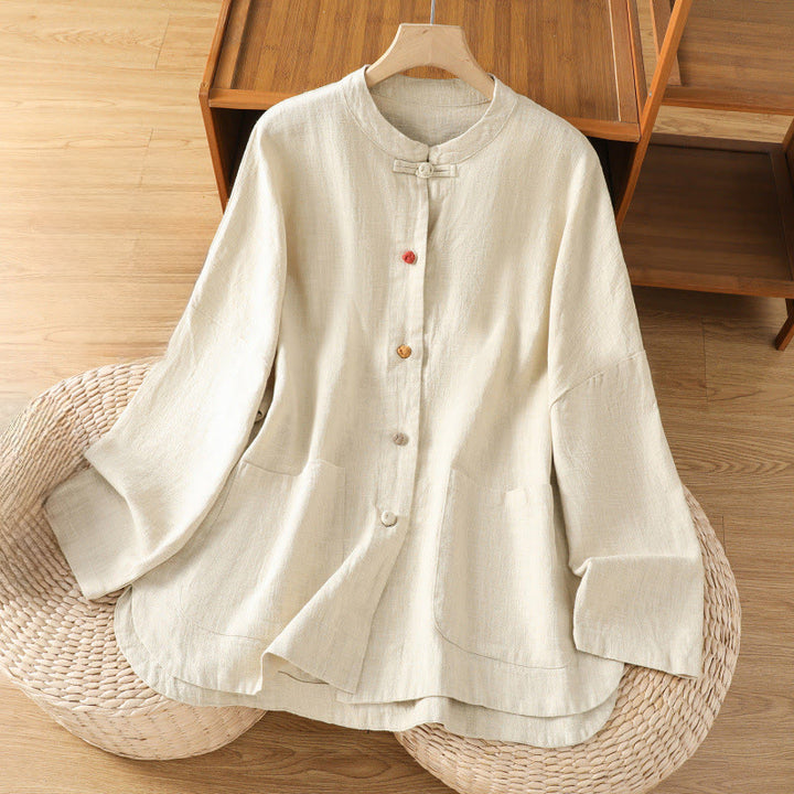 Camicia casual da donna in cotone e poliestere con maniche lunghe e bottoni a rana, Buddha Stones, con tasche - Beige - US14, UK/AU18, EU46 (2XL) - image 0